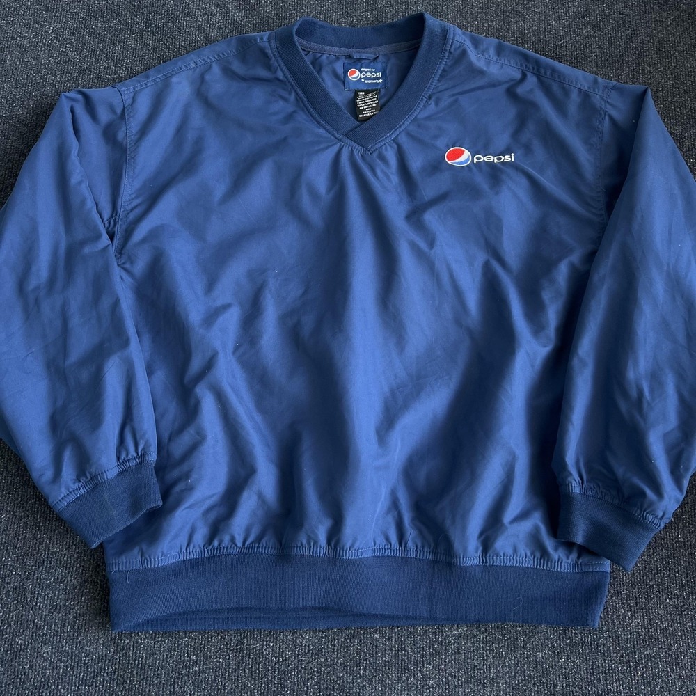 Pepsi Jacket Mens Large Blue V Neck Windbreaker Pullover Lined‎ Pockets 7563